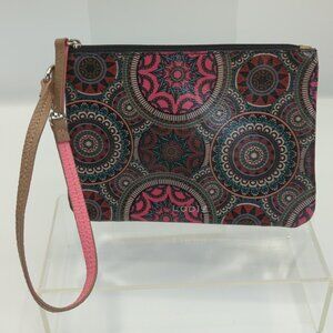 Lodis Leather Wristlet Pouch Cosmetic Make Up Case Taupe Pink Medallion Print